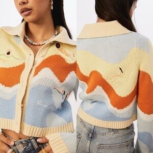 House of Sunny Souvenir Cardigan – Blue & Cream Knit, Size 6 (Sold-Out Style)